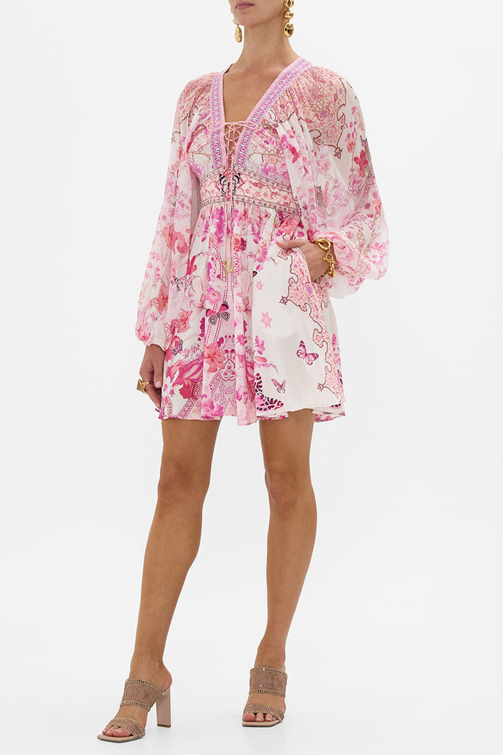 Lace Up Front Short Dress in Botanical Novella