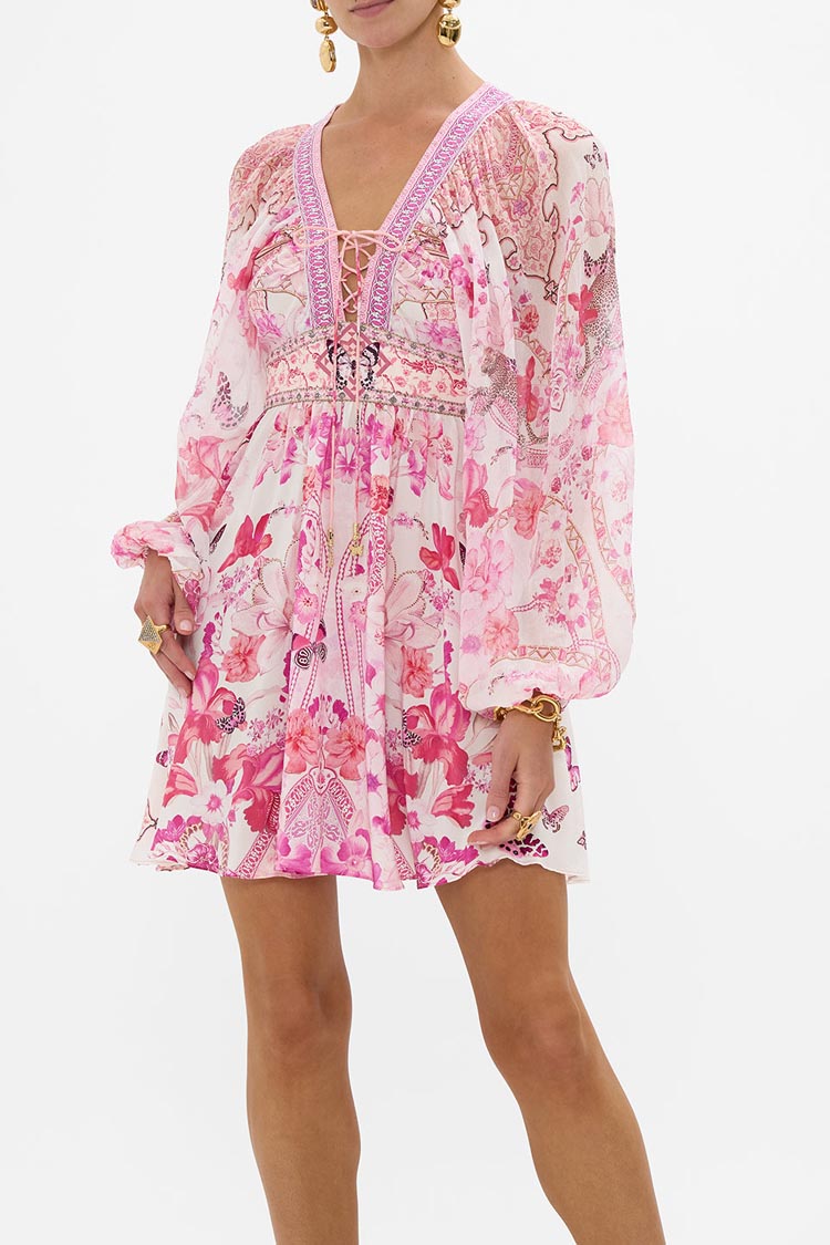Lace Up Front Short Dress in Botanical Novella