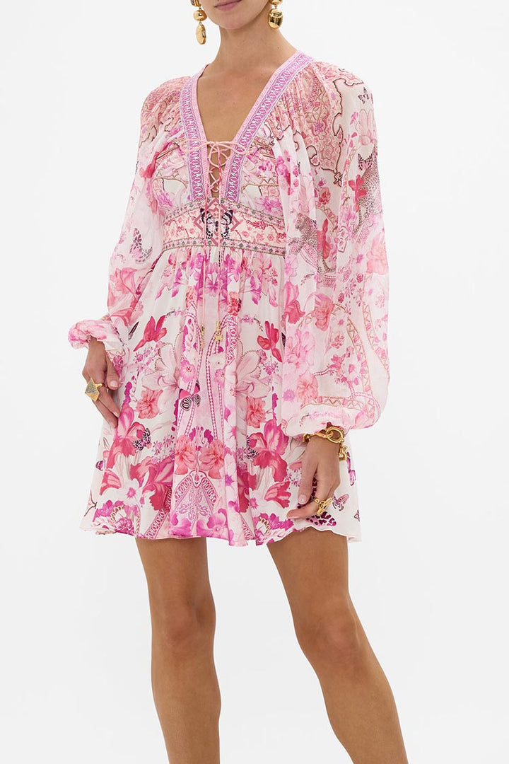 Lace Up Front Short Dress in Botanical Novella