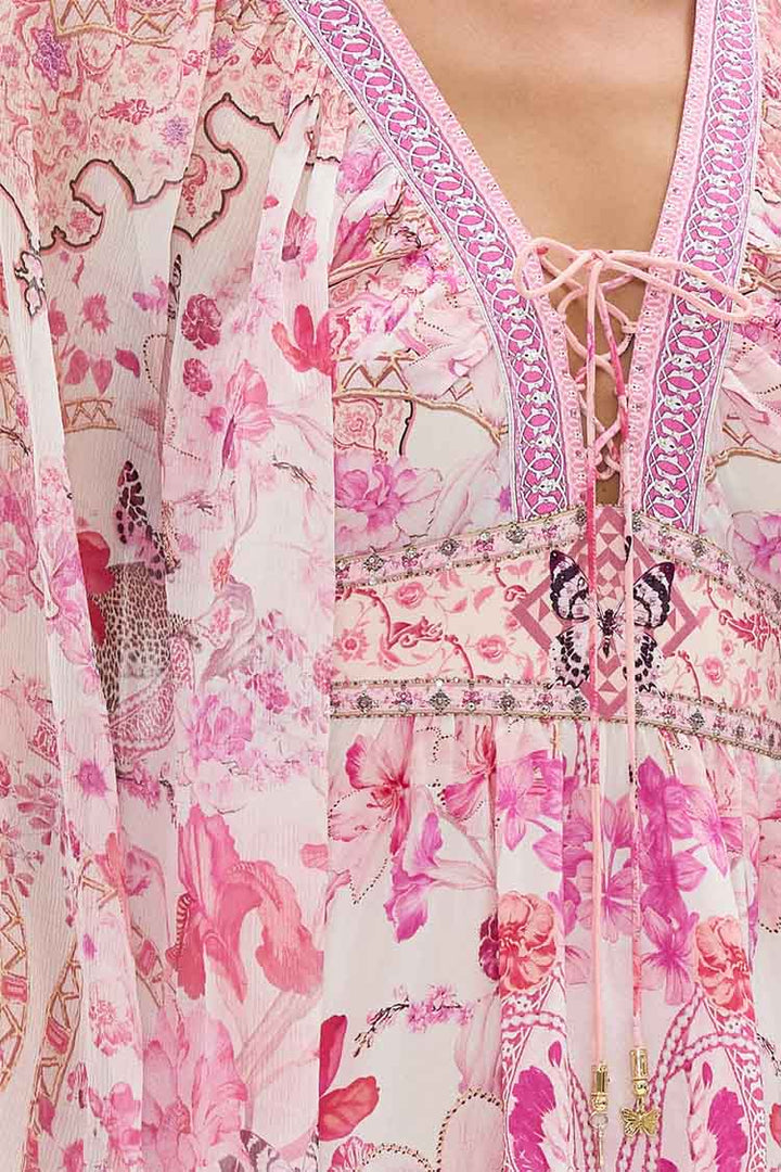 Lace Up Front Short Dress in Botanical Novella