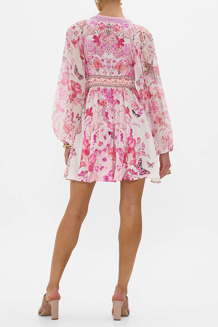 Lace Up Front Short Dress in Botanical Novella