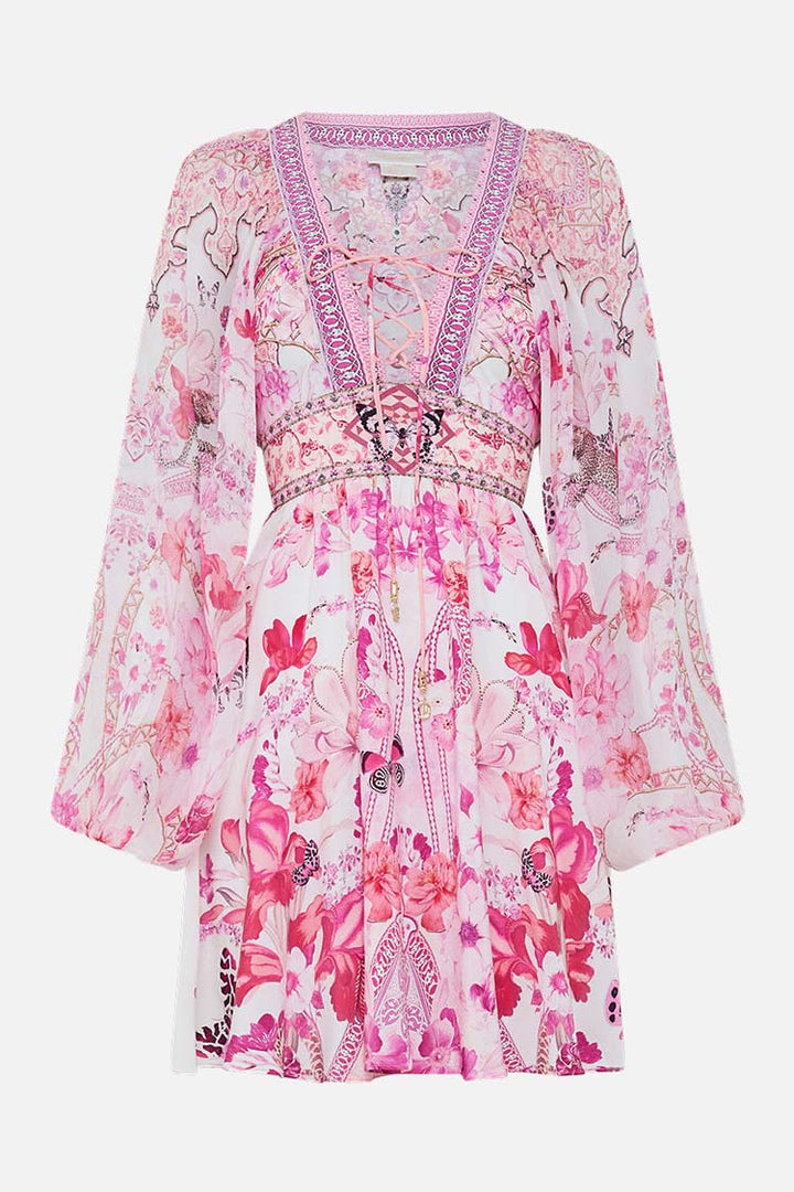 Lace Up Front Short Dress in Botanical Novella