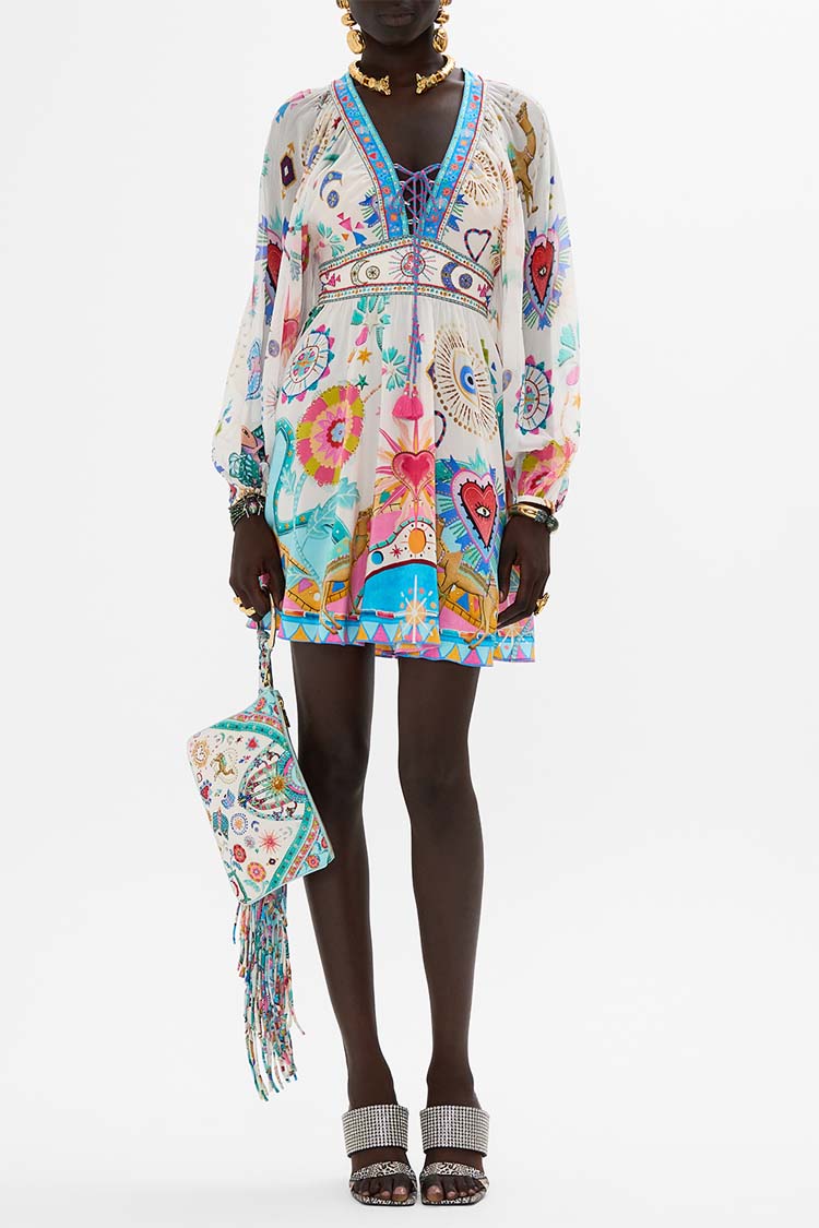 Lace Up Front Short Dress in Living in Colour