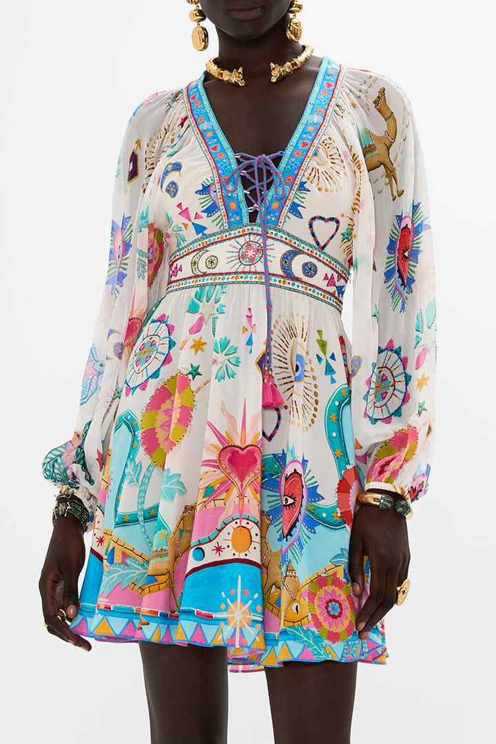 Lace Up Front Short Dress in Living in Colour