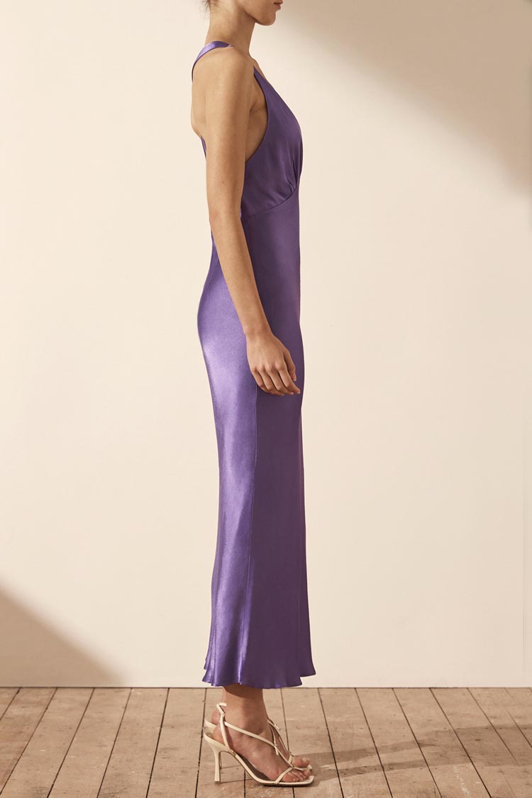 Lana Plunged Cross Back Midi Dress in Purple