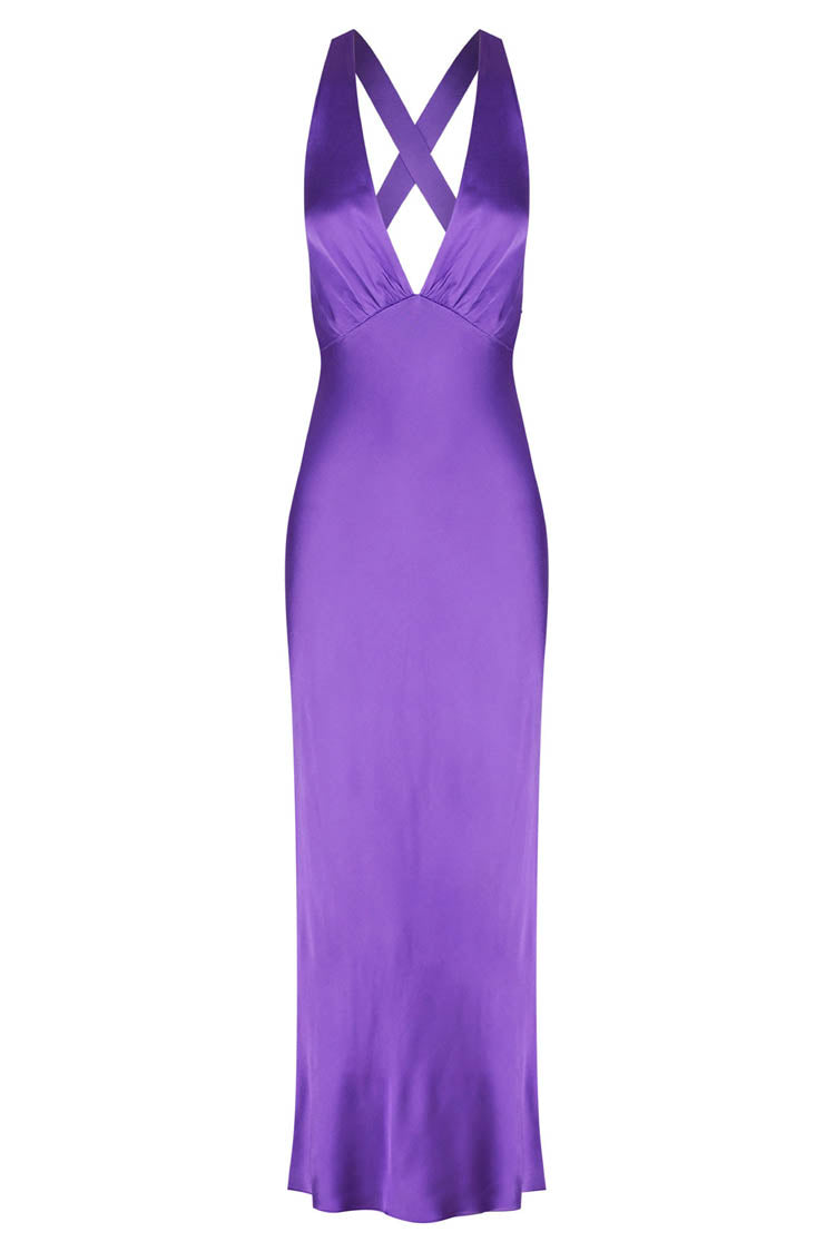 Lana Plunged Cross Back Midi Dress in Purple