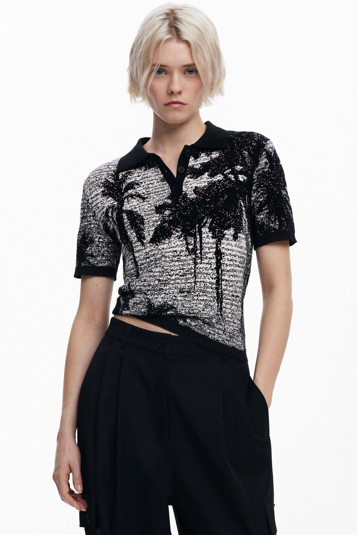 Landscape Print Polo Knit Tee