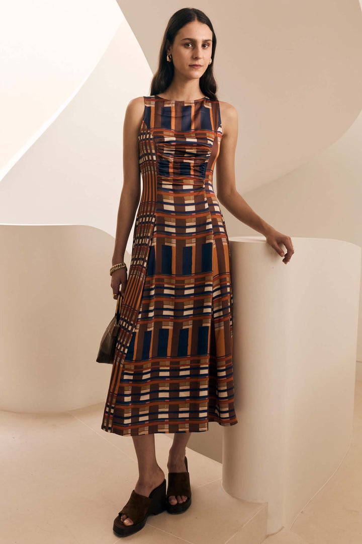 Lattice Gathered Dress in Amber Check