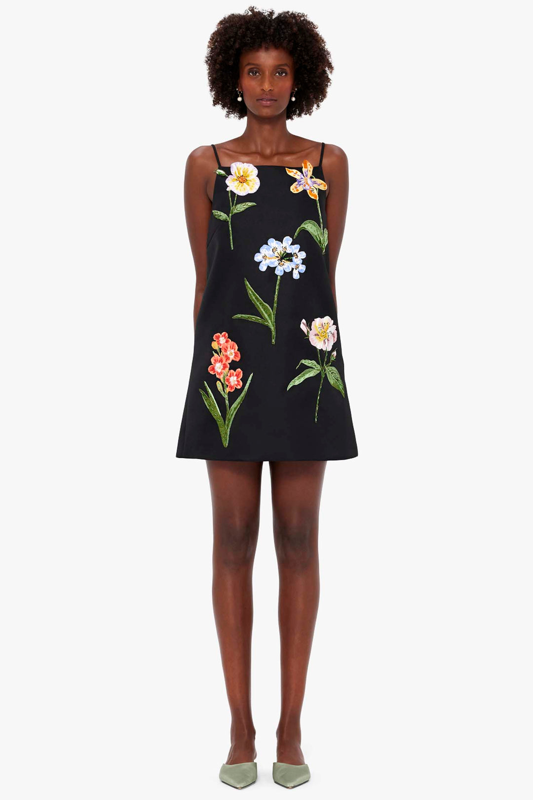 Leia Embroidery Mini Dress - Botanical Print in Ebony