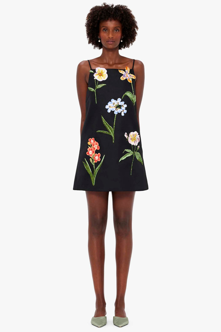 Leia Embroidery Mini Dress - Botanical Print in Ebony