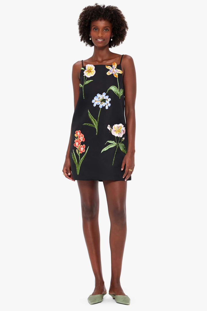Leia Embroidery Mini Dress - Botanical Print in Ebony
