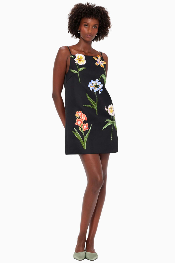 Leia Embroidery Mini Dress - Botanical Print in Ebony