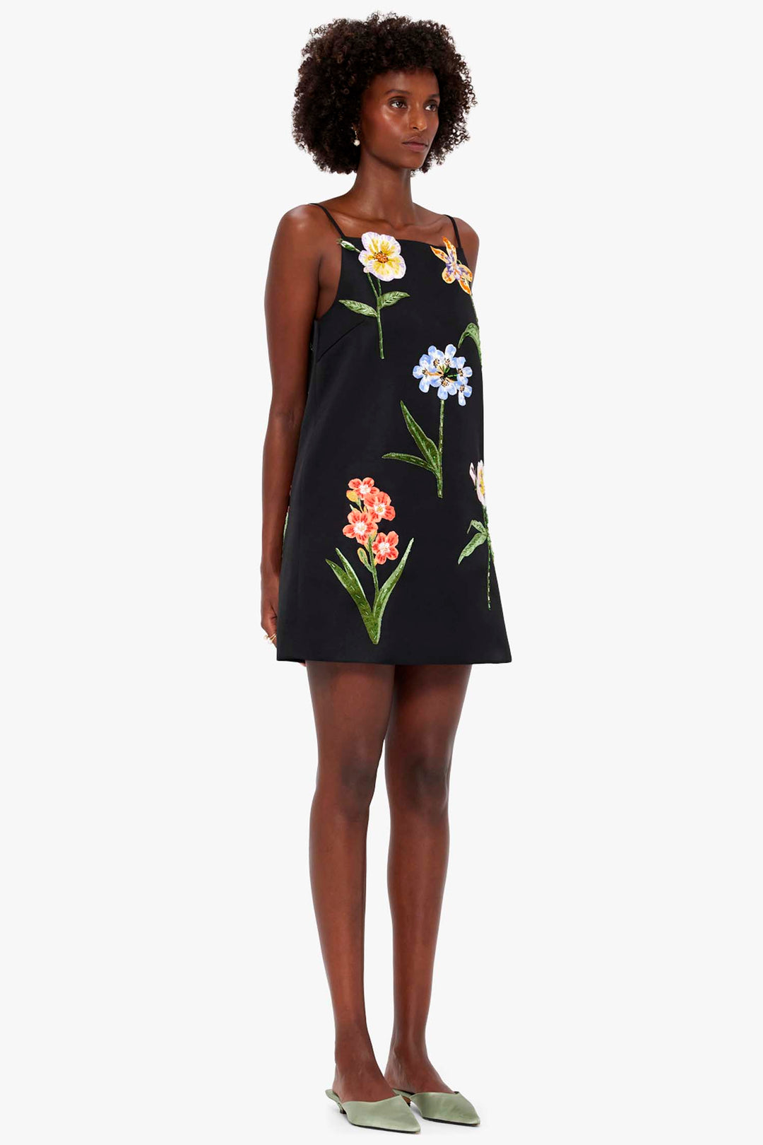 Leia Embroidery Mini Dress - Botanical Print in Ebony