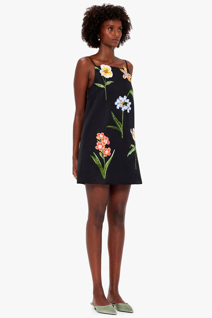 Leia Embroidery Mini Dress - Botanical Print in Ebony