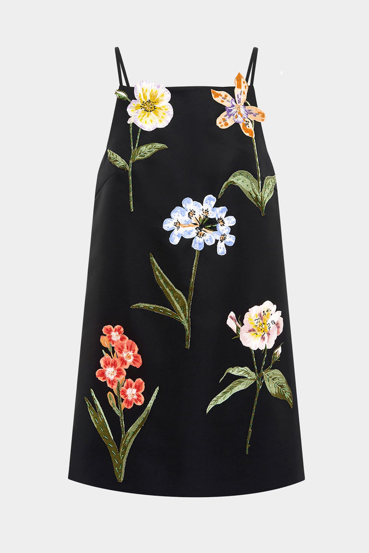 Leia Embroidery Mini Dress - Botanical Print in Ebony
