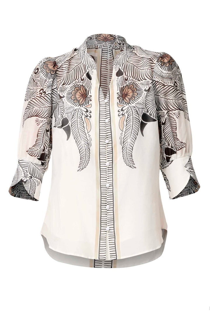Leila Placement Print Curved Collar Shirt in Ivory Casablanca