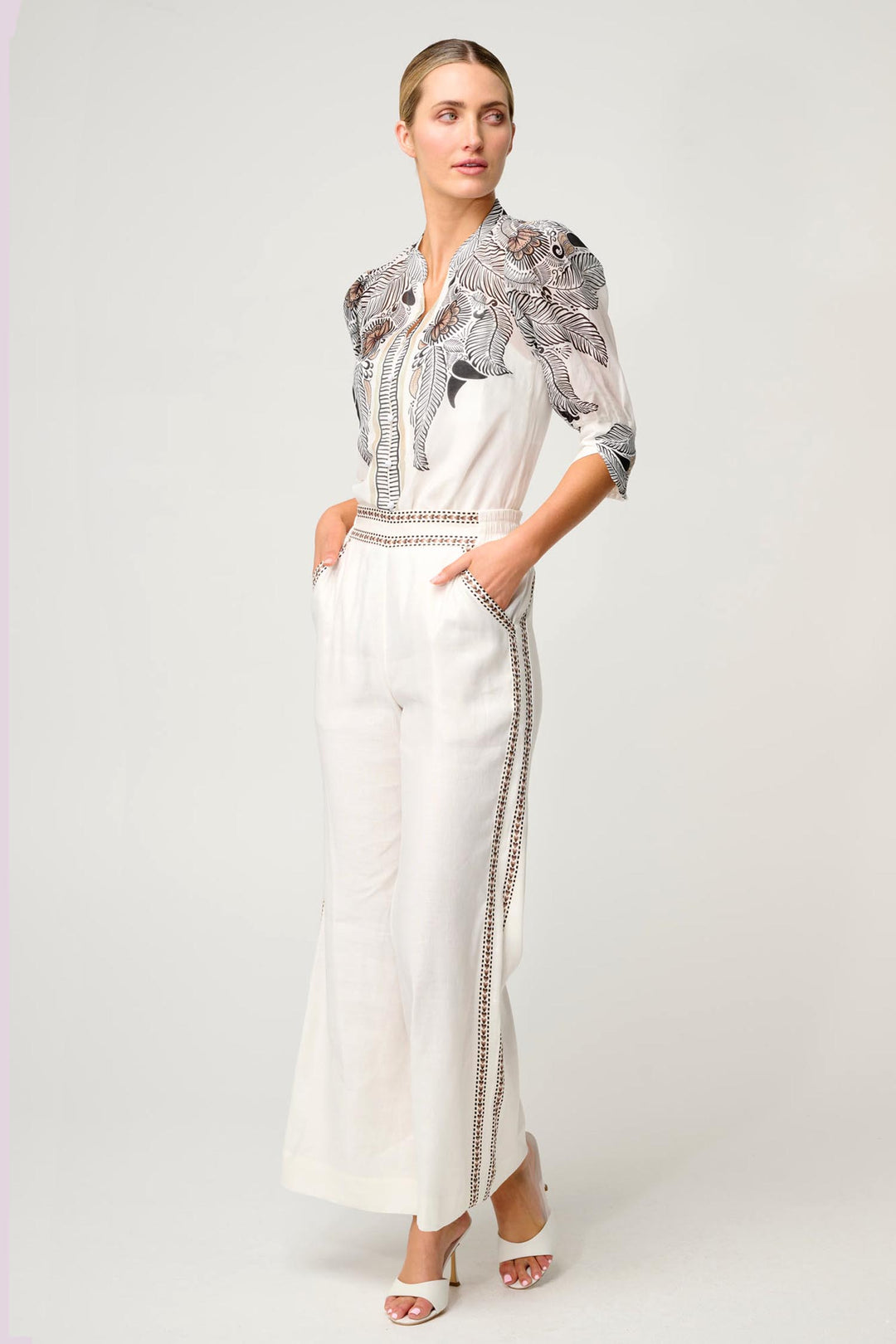 Leila Placement Print Curved Collar Shirt in Ivory Casablanca