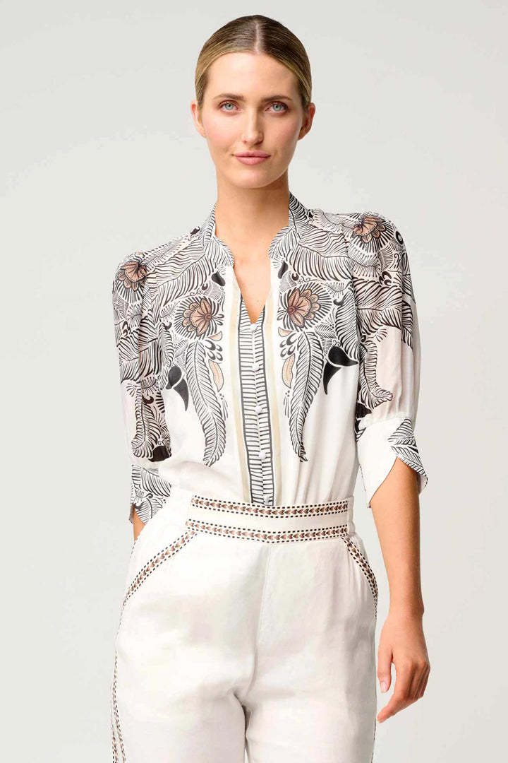Leila Placement Print Curved Collar Shirt in Ivory Casablanca