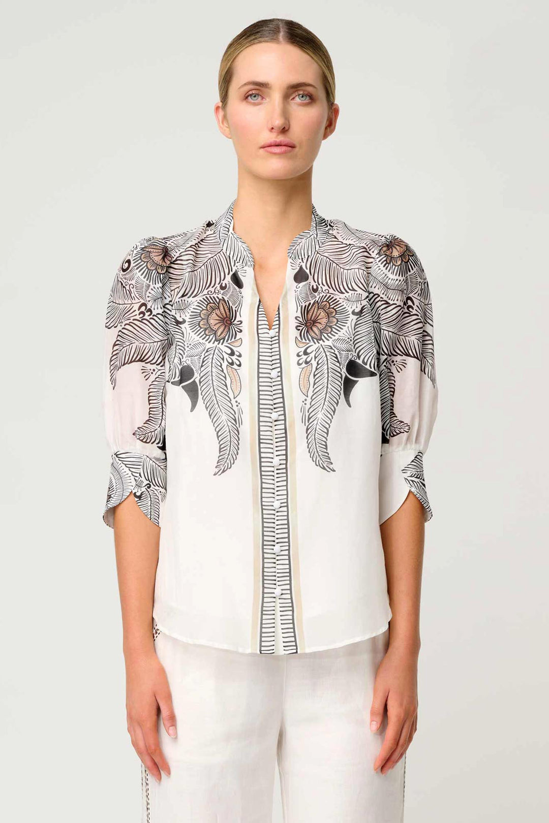 Leila Placement Print Curved Collar Shirt in Ivory Casablanca