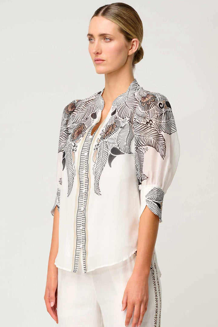 Leila Placement Print Curved Collar Shirt in Ivory Casablanca
