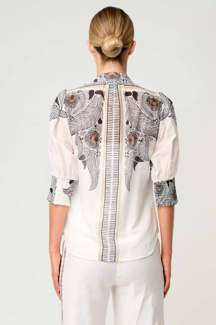 Leila Placement Print Curved Collar Shirt in Ivory Casablanca