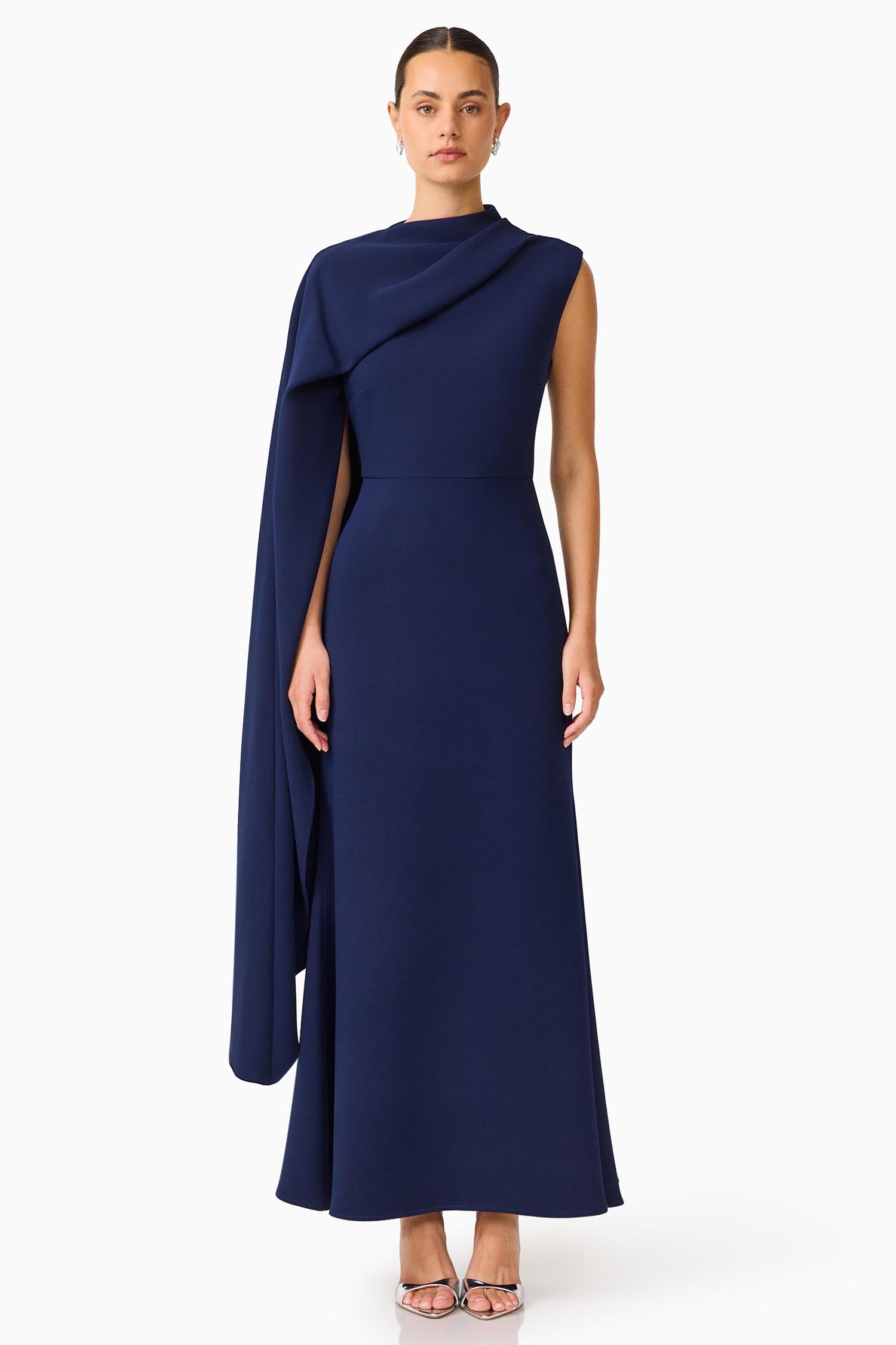Leonara Asymmetric Cape Dress in Deep Navy by Elliatt