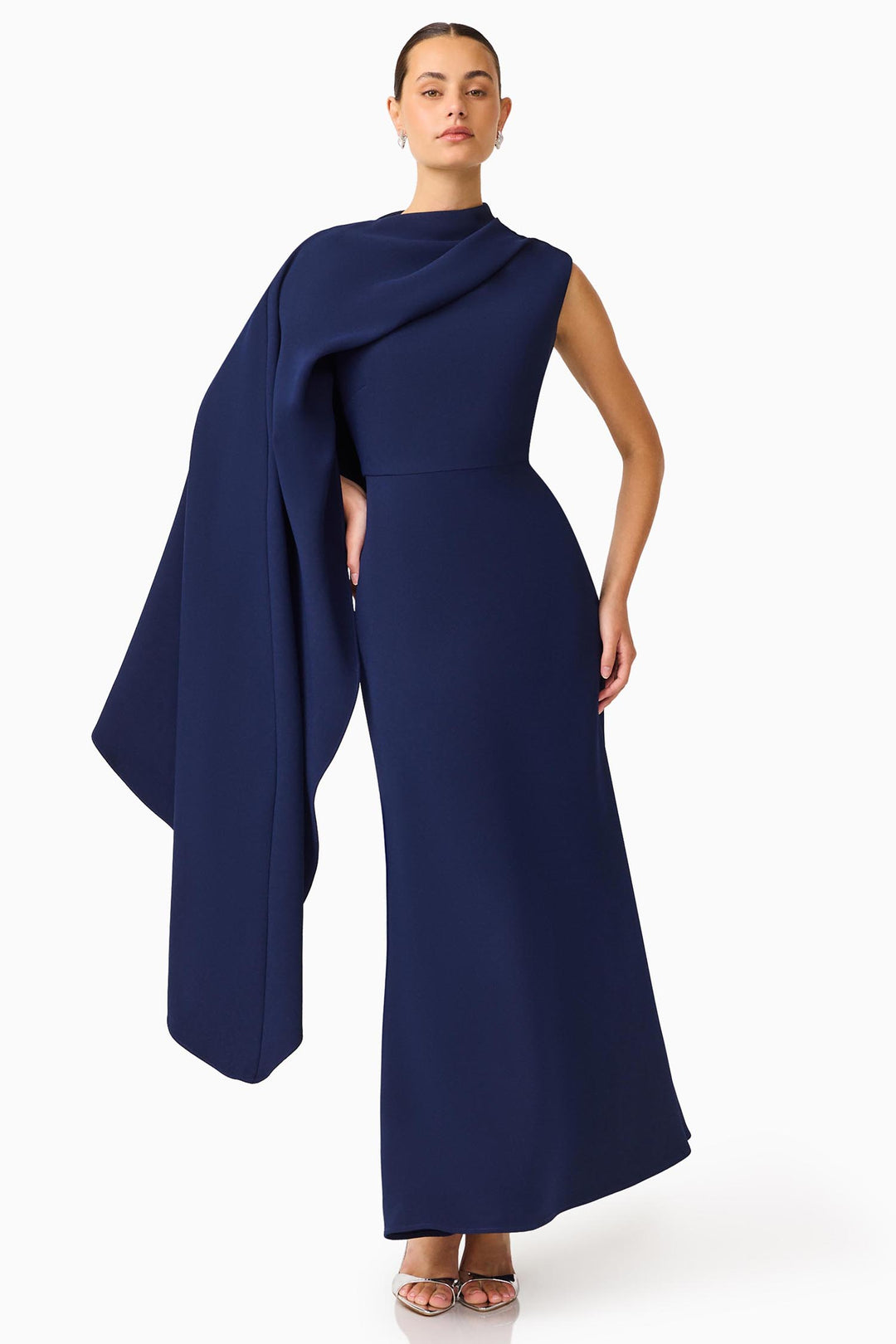 Leonara Asymmetric Cape Dress in Deep Navy