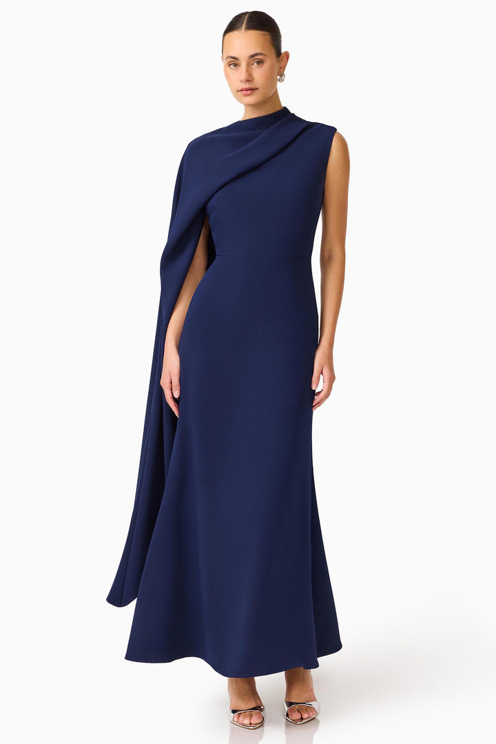 Leonara Asymmetric Cape Dress in Deep Navy