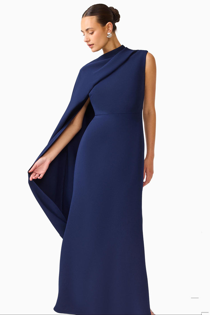 Leonara Asymmetric Cape Dress in Deep Navy
