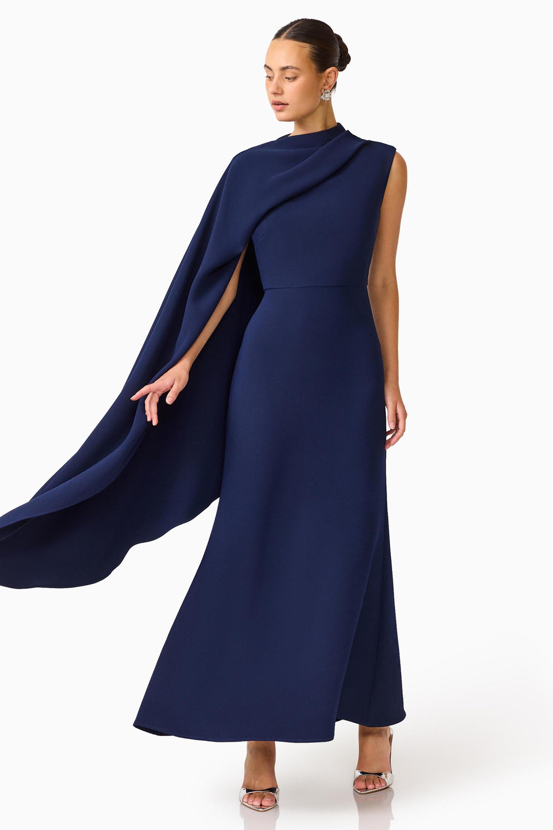 Leonara Asymmetric Cape Dress in Deep Navy