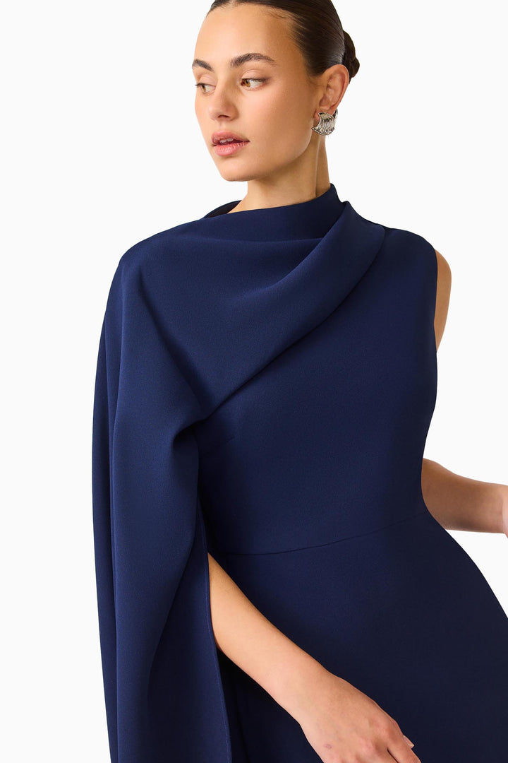 Leonara Asymmetric Cape Dress in Deep Navy