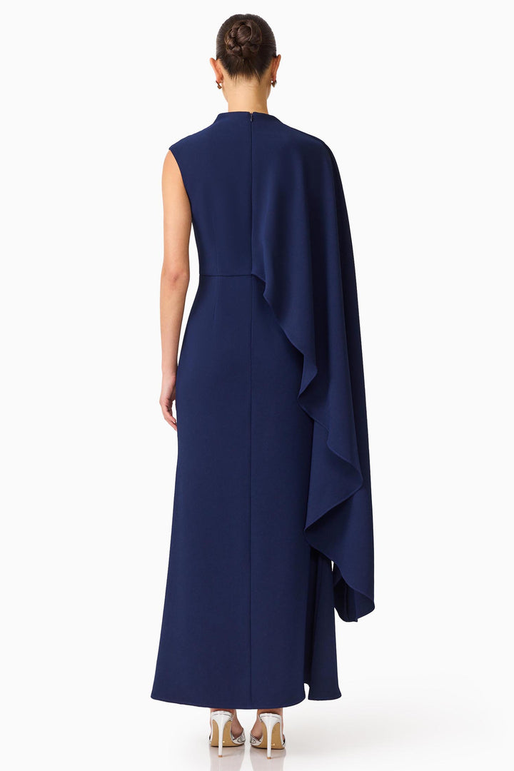 Leonara Asymmetric Cape Dress in Deep Navy