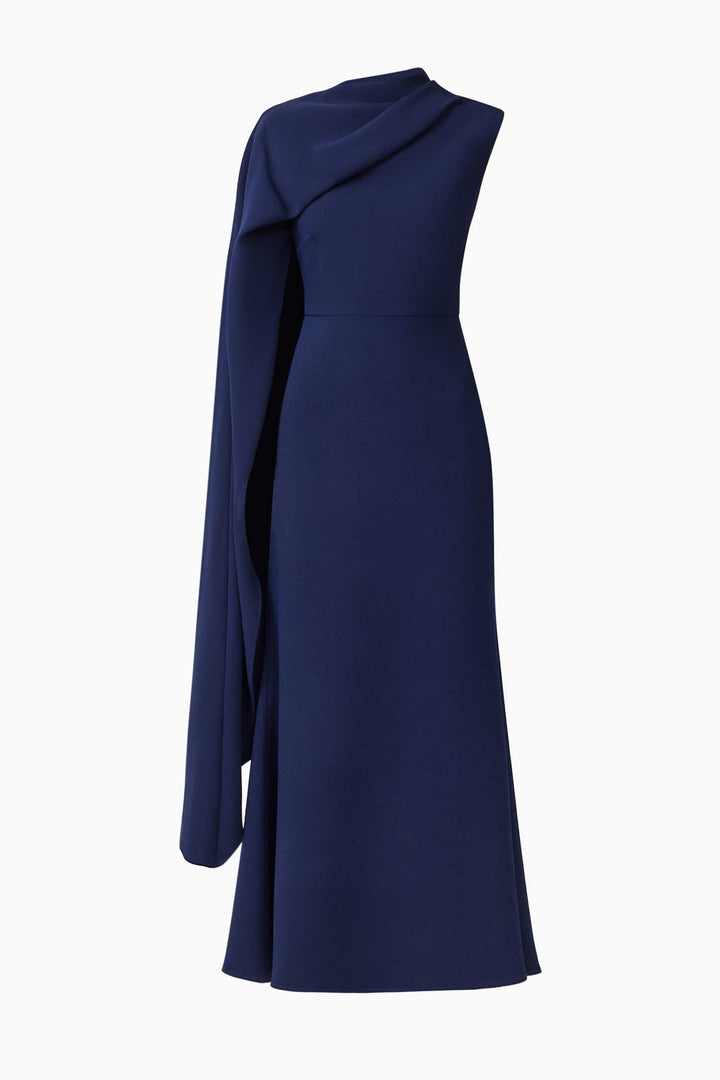 Leonara Asymmetric Cape Dress in Deep Navy