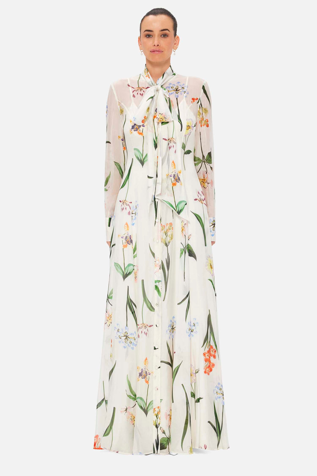 Lilith Tie Neck Maxi Dress - Botanical Print in Snow