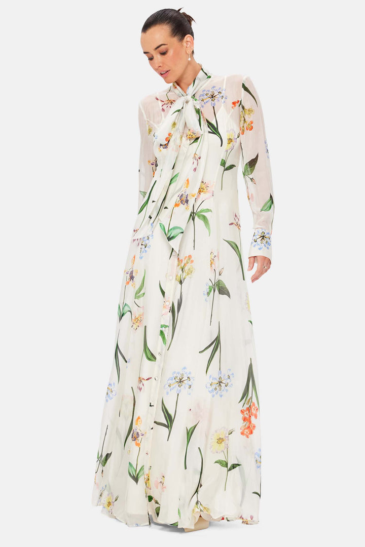 Lilith Tie Neck Maxi Dress - Botanical Print in Snow