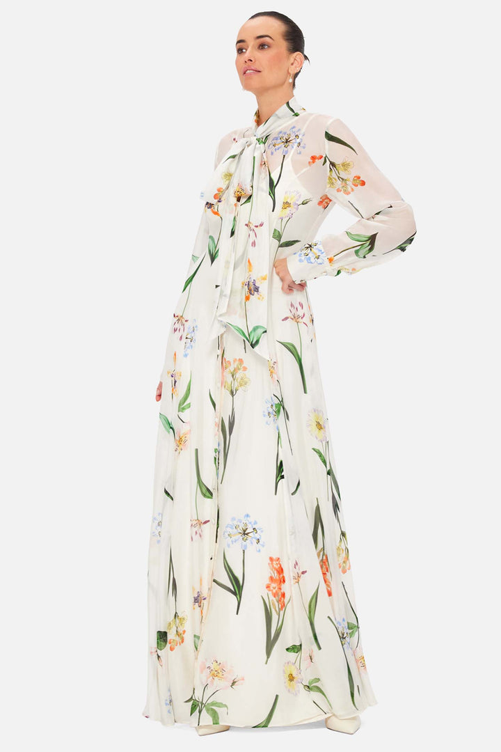 Lilith Tie Neck Maxi Dress - Botanical Print in Snow