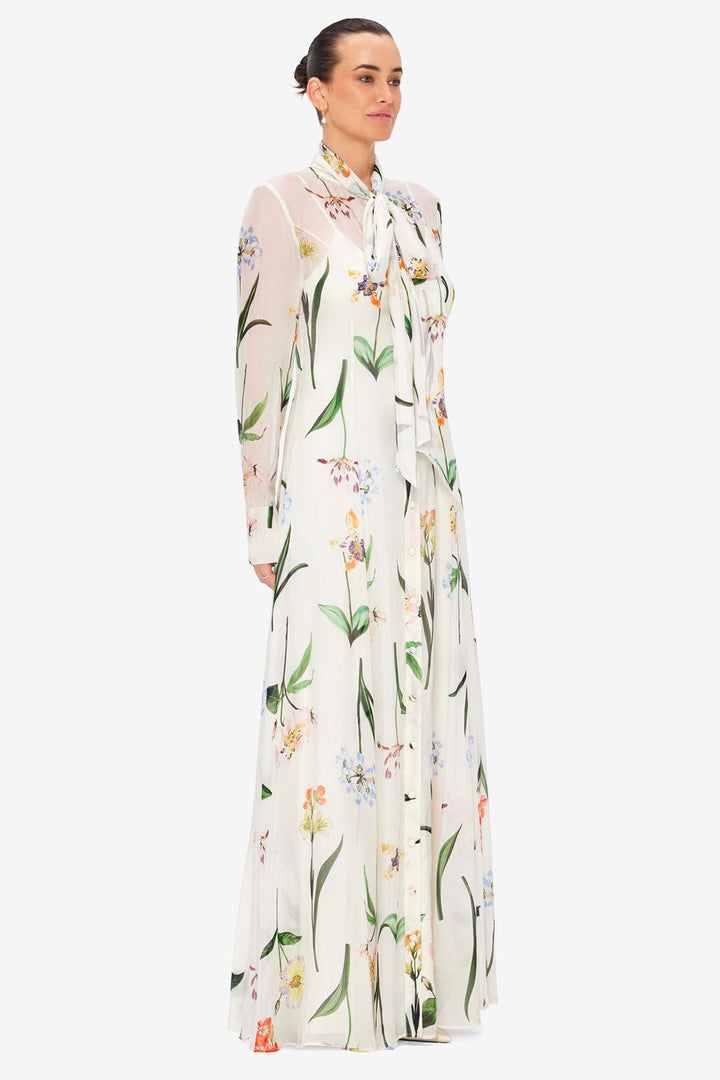 Lilith Tie Neck Maxi Dress - Botanical Print in Snow