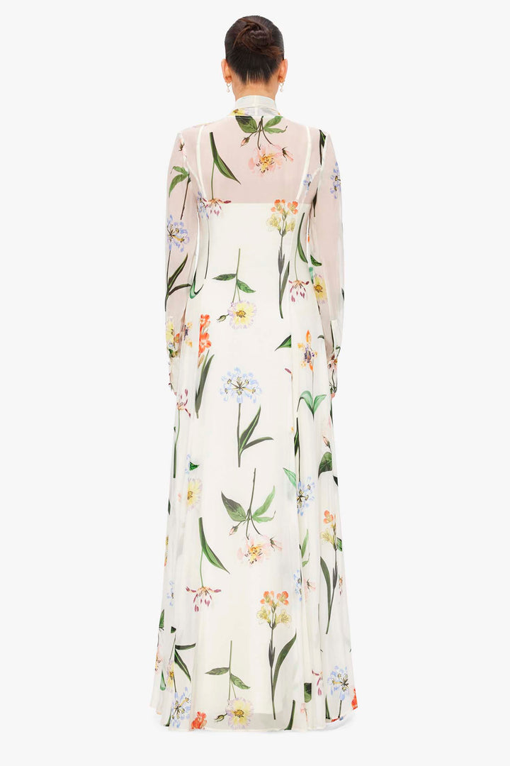 Lilith Tie Neck Maxi Dress - Botanical Print in Snow