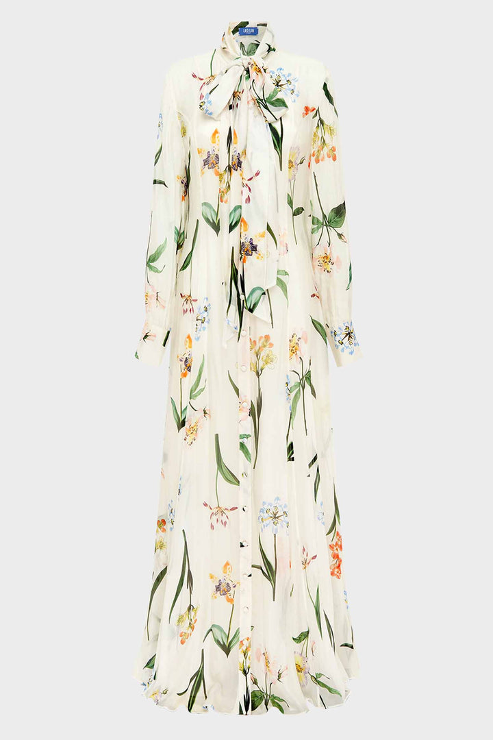 Lilith Tie Neck Maxi Dress - Botanical Print in Snow
