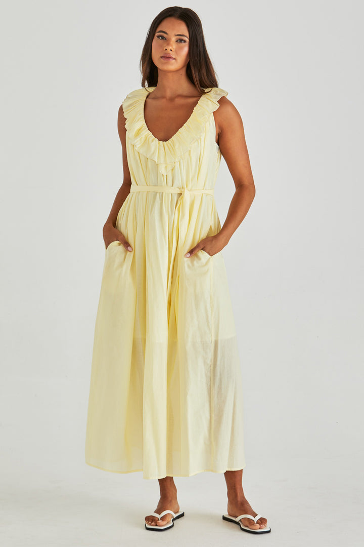Lilla Ruffled Neck Dress in Butter Yellow