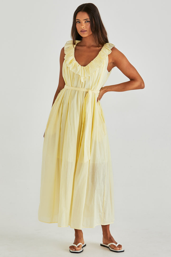 Lilla Ruffled Neck Dress in Butter Yellow