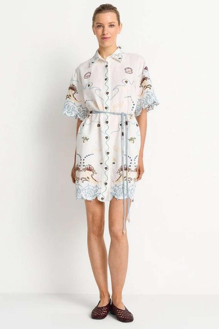 Linen Mix Embroidery Mini Dress in Pearl White