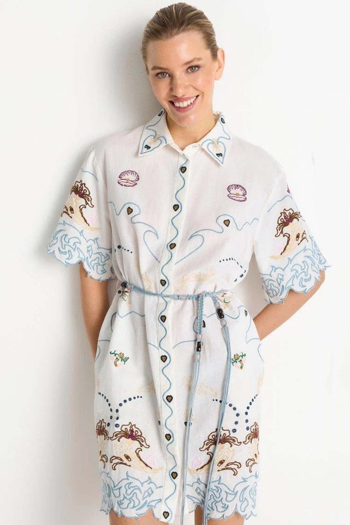 Linen Mix Embroidery Mini Dress in Pearl White