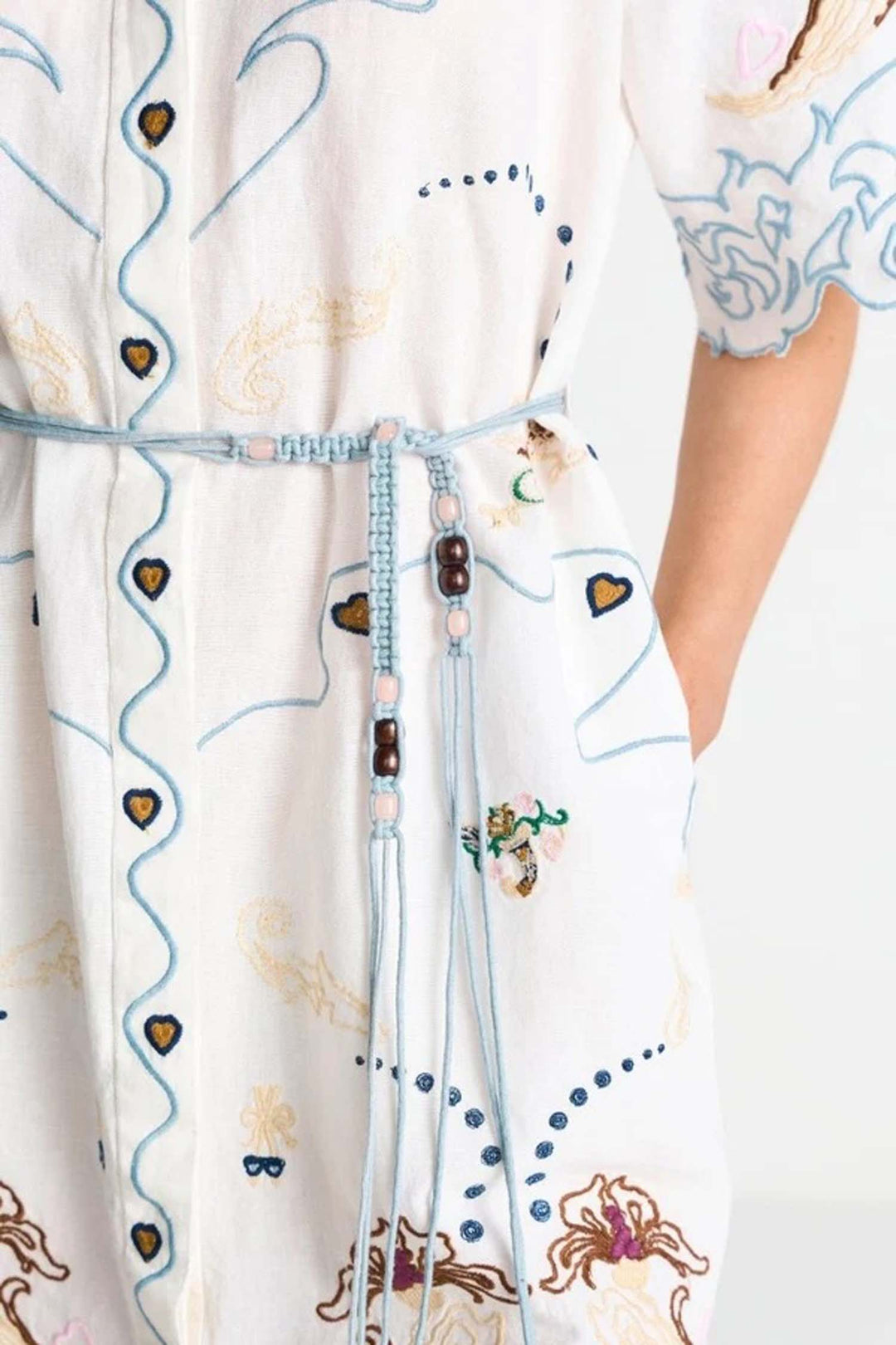 Linen Mix Embroidery Mini Dress in Pearl White