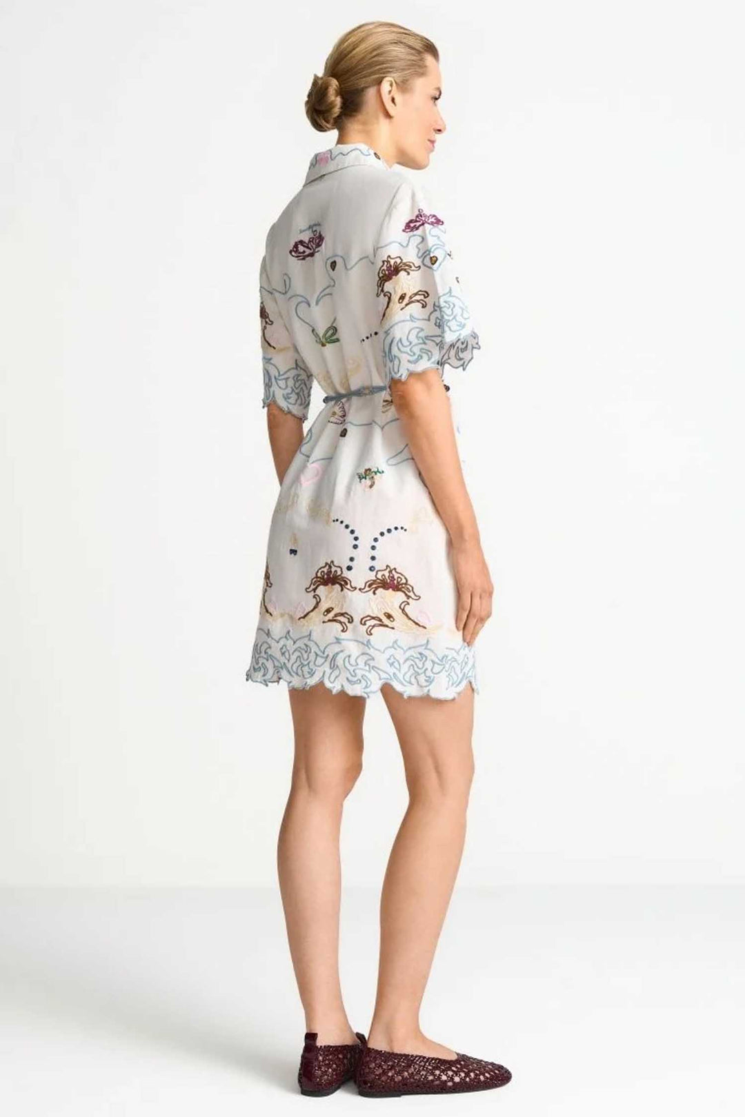Linen Mix Embroidery Mini Dress in Pearl White