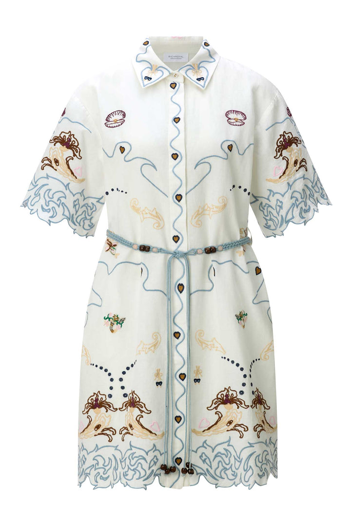 Linen Mix Embroidery Mini Dress in Pearl White