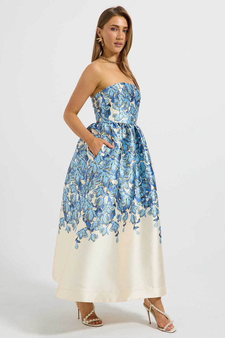 Lola Strapless Midi Dress in Bluebell Floral