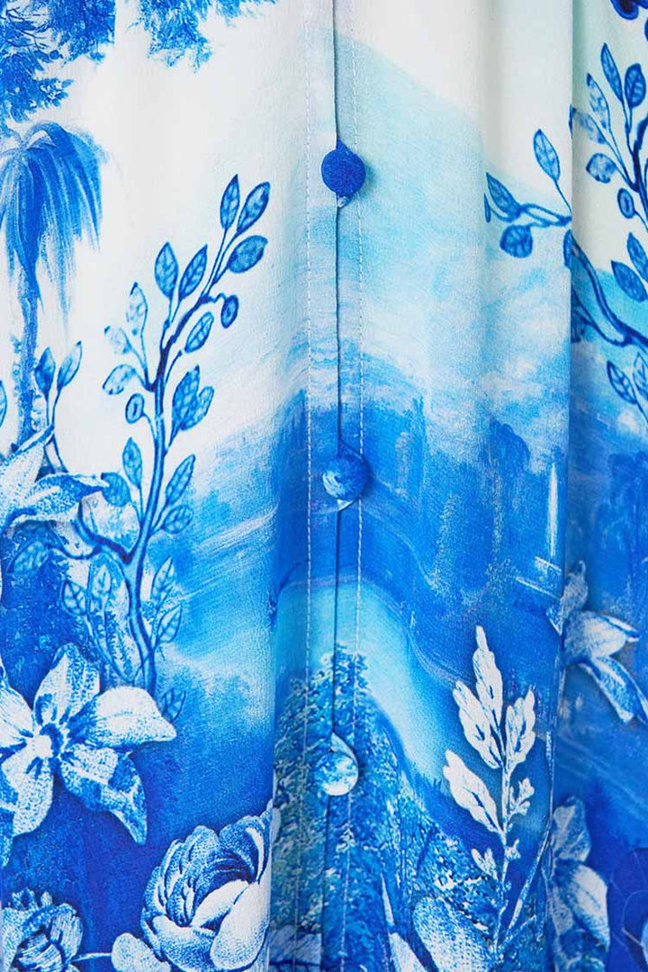 Long Button Front Dress in Azul Adventures