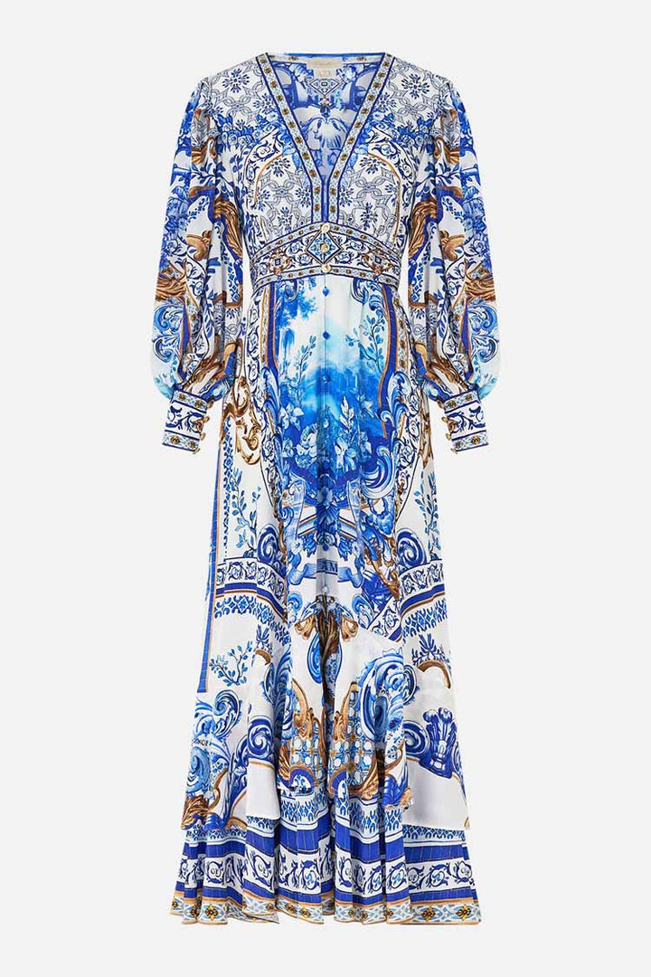 Long Button Front Dress in Azul Adventures