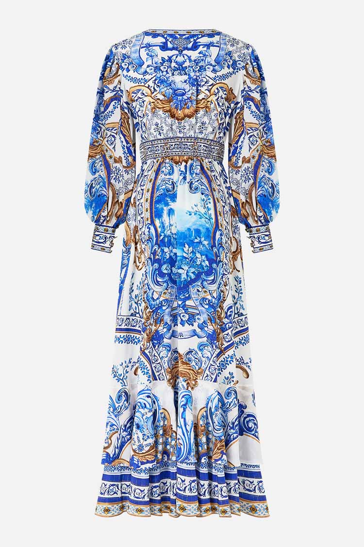 Long Button Front Dress in Azul Adventures